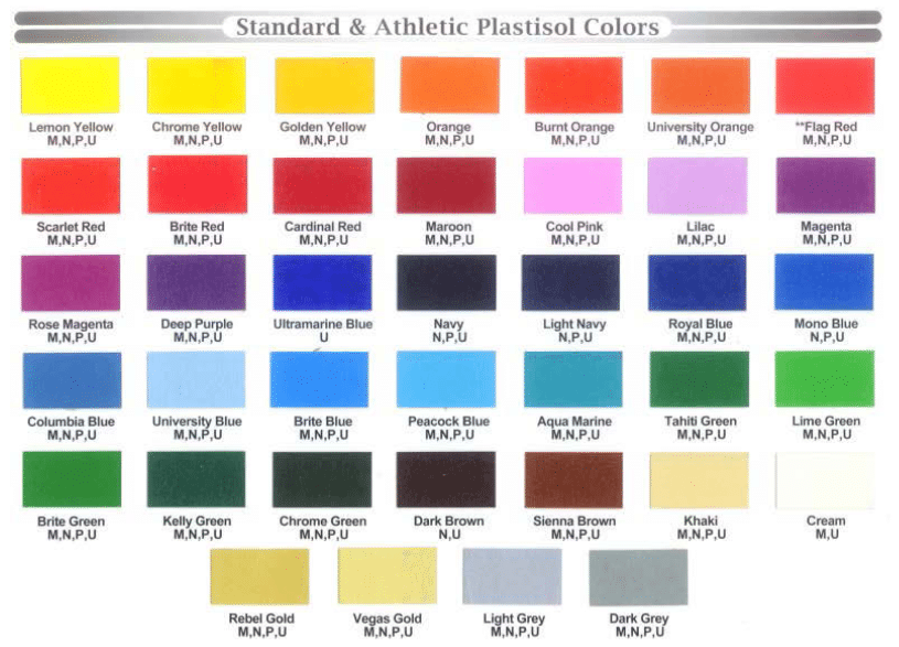 Houston Screen Print Standard Ink Chart Colors